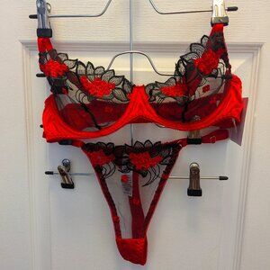 Red Floral Sheer Lace Underwire Bra & Thong Set